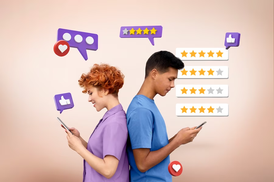 Two individuals holding smartphones displaying customer satisfaction graphics