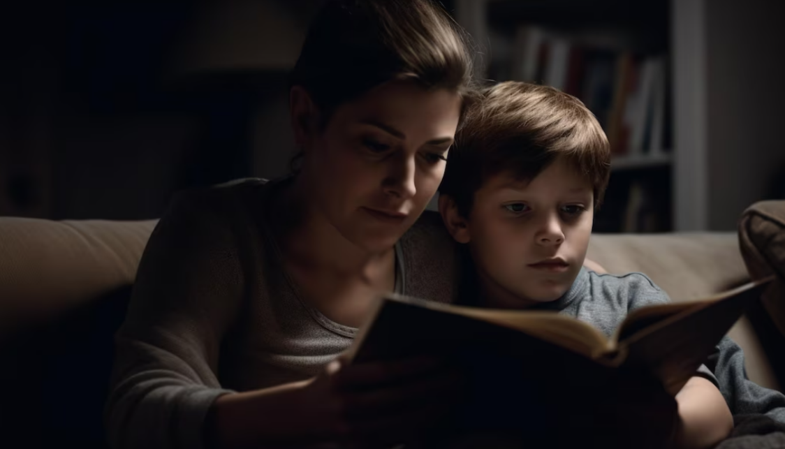 woman holds a book, and her son looks at the book