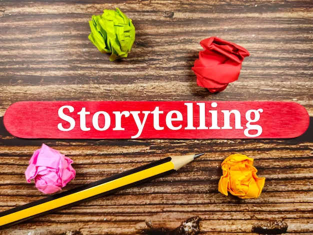 Storytelling on colorful wooden background with torn paper