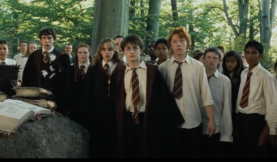 Harry Potter movie screenshot, a group gathered in forest